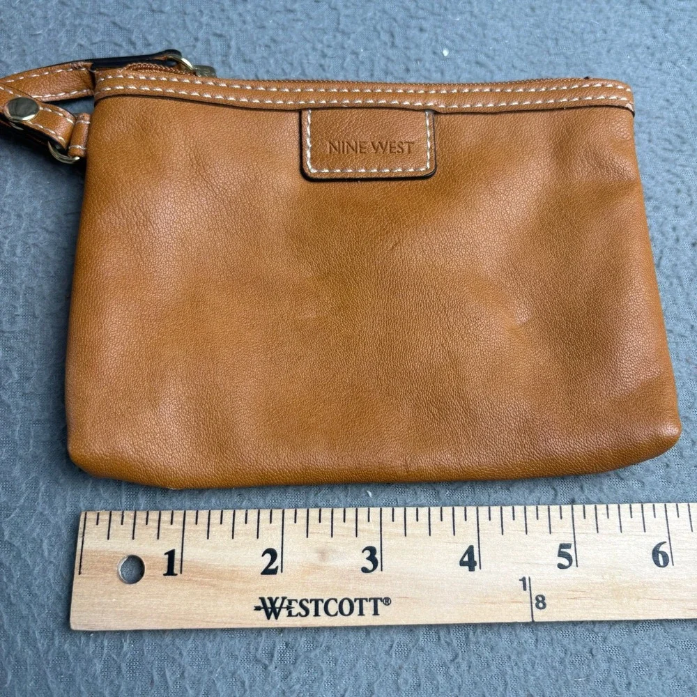 Nine West Cognac Brown Faux Leather Wristlet Pouch with Blue Lining